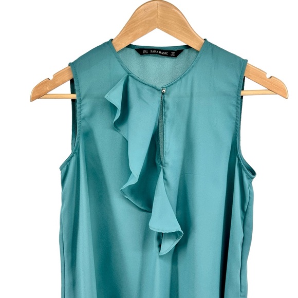 Zara Basic Women Sleeveless Blouse Small Teal Keyhole Silky Ruffle Accent Career - Picture 4 of 12
